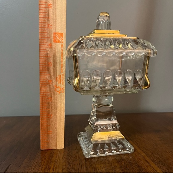 Mid-Century Modern gold-trimmed glass candy dish with a lid. - Picture 11 of 14